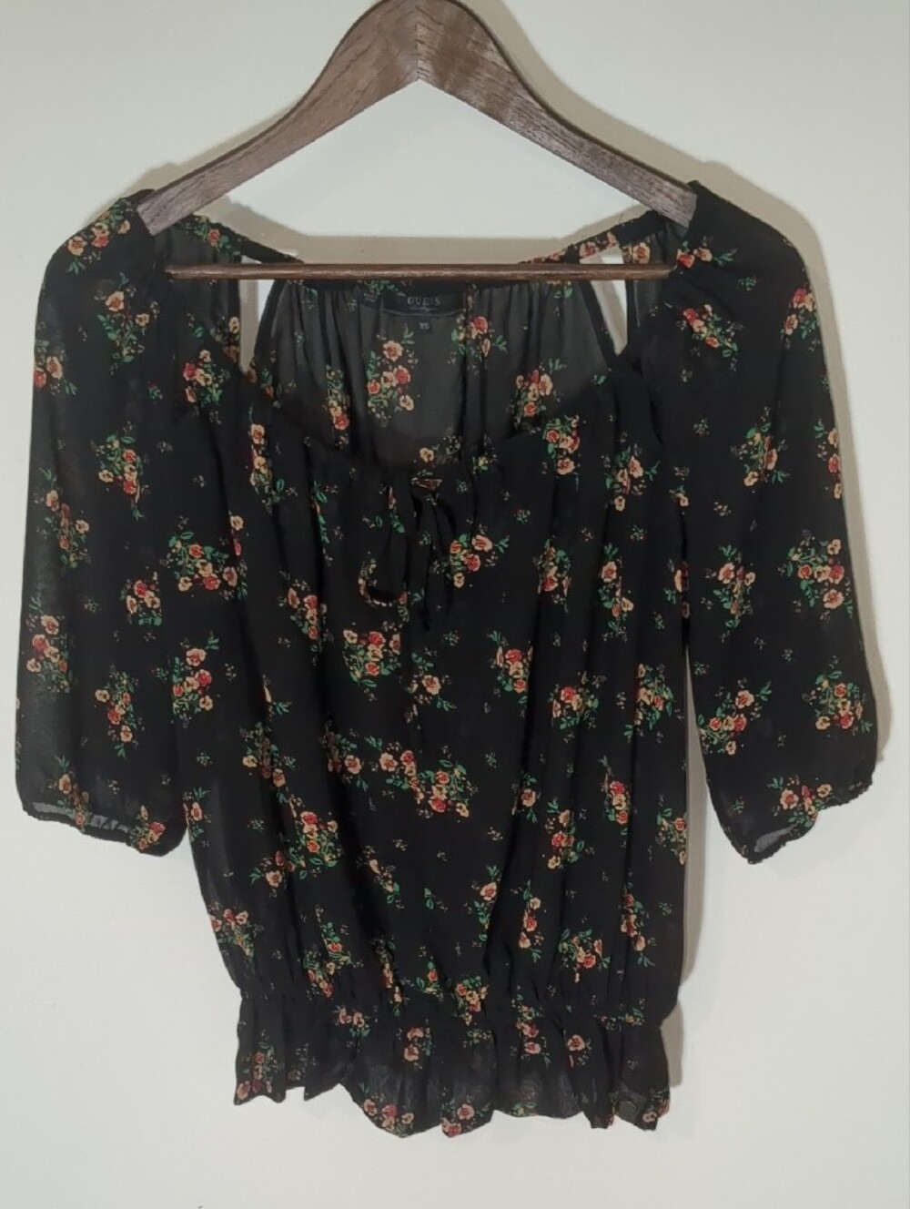 GUESS Los Angeles Sheer Floral Peasant Blouse Boho Cold-Shoulder Top XS